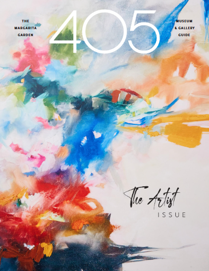 Colorful abstract watercolor painting on a magazine cover. Large white '405' text. Smaller black text reading 'The Artist Issue' and additional text about a museum, gallery, guide, and garden.