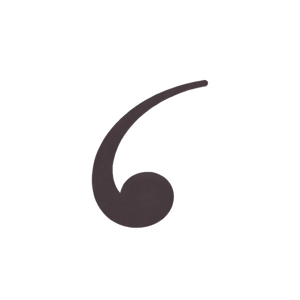 A black comma-like punctuation mark with a circular dot at the bottom.