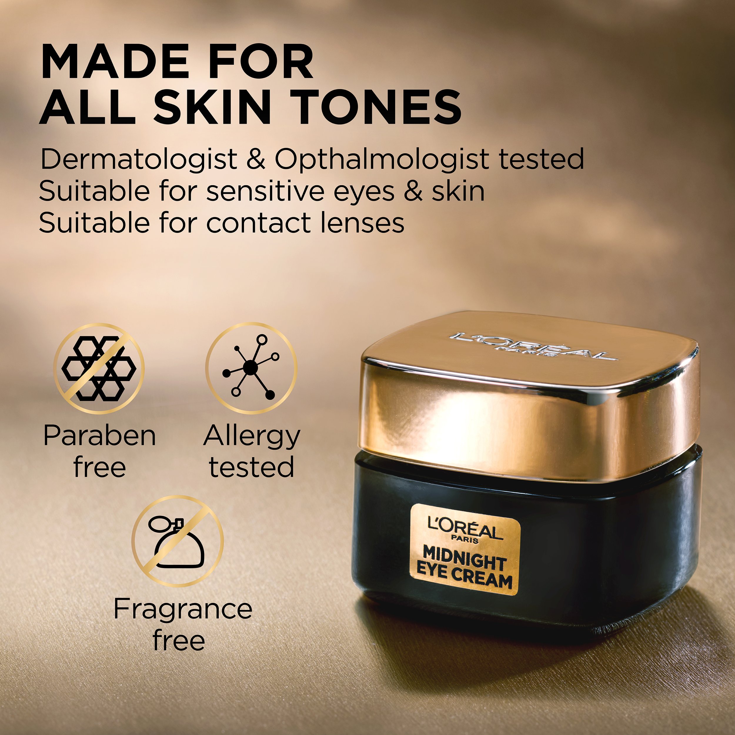 L'Oréal Age Perfect Midnight Eye Cream Amazon above-the-fold dermatologist-tested claim graphic by Bolds Creative
