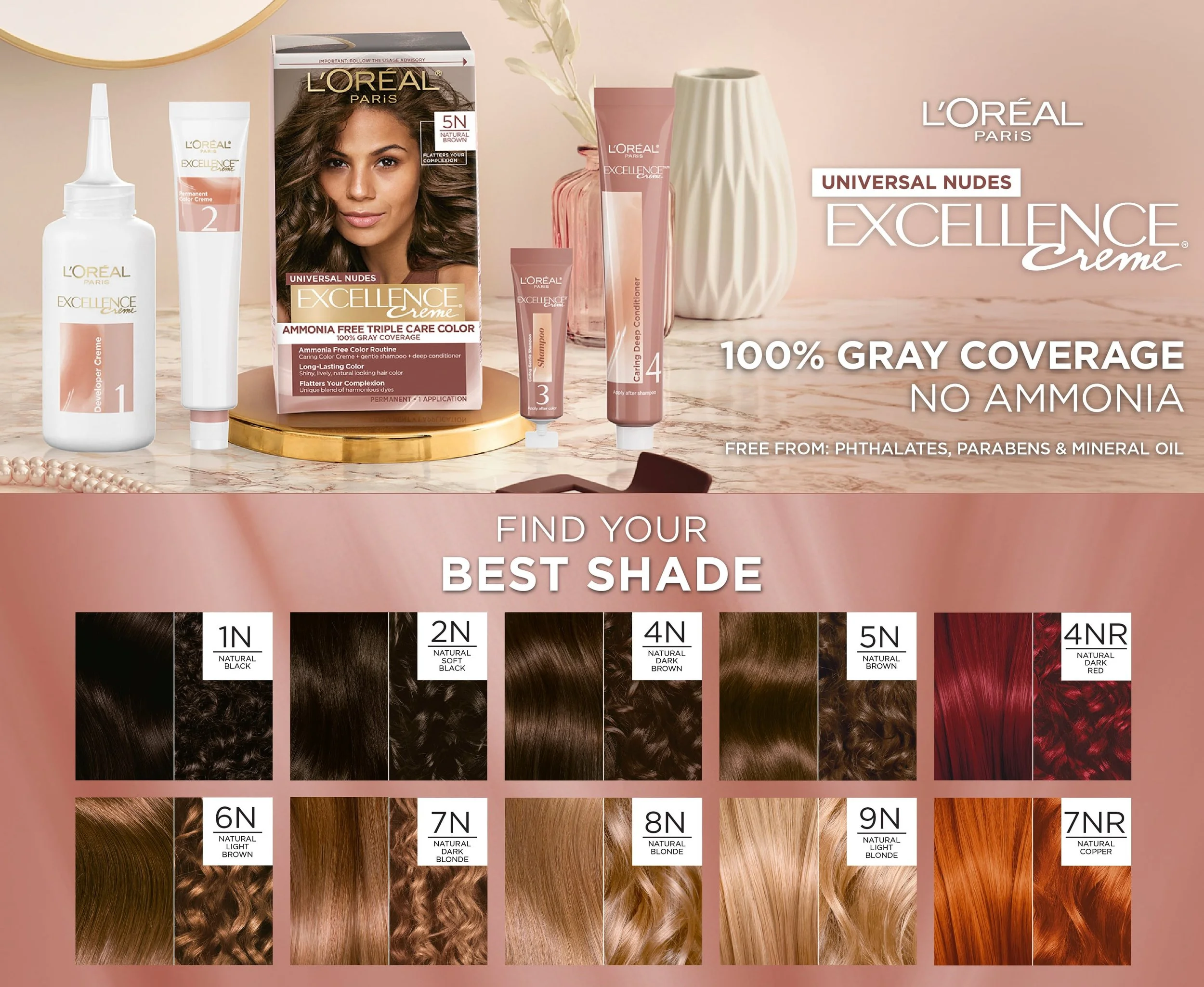 Display of various hair dye shades from L'Oreal Paris Excellence Creme, including shades of black, brown, blonde, and red, arranged in rows with labels like 1N, 2N, 4N, 5N, 6N, 7N, 8N, 9N, 7NR. The background features a beige wall, decorative vases, and a pearl necklace.