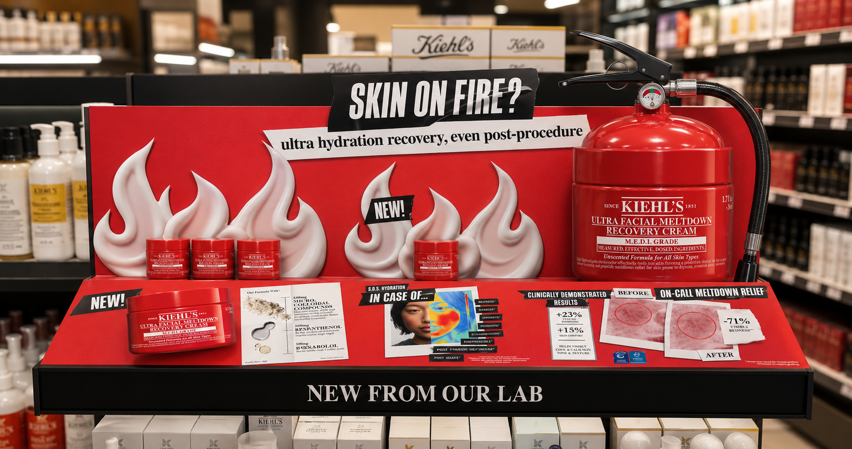 Kiehl's Ultra Facial Meltdown Recovery Cream gondola top shelf merchandiser render by Bolds Creative