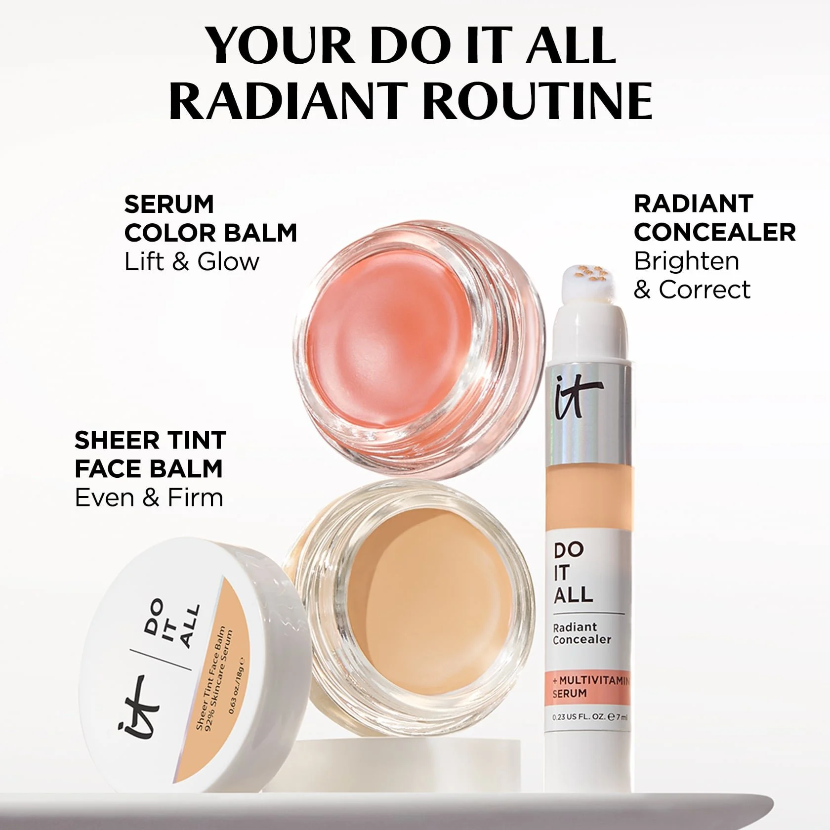A skincare routine display with products labeled for radiant skin, including a serum, color balm, face balm, and a radiant concealer. The text at the top reads 'Your Do It All Radiant Routine.'