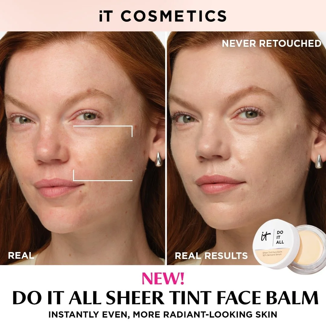 A side-by-side comparison of a woman's face showing before and after using it Cosmetics Sheer Tint Face Balm. The left side labeled 'Real' shows skin with redness and blemishes, while the right side labeled 'Real Results' shows smoother, more even, a