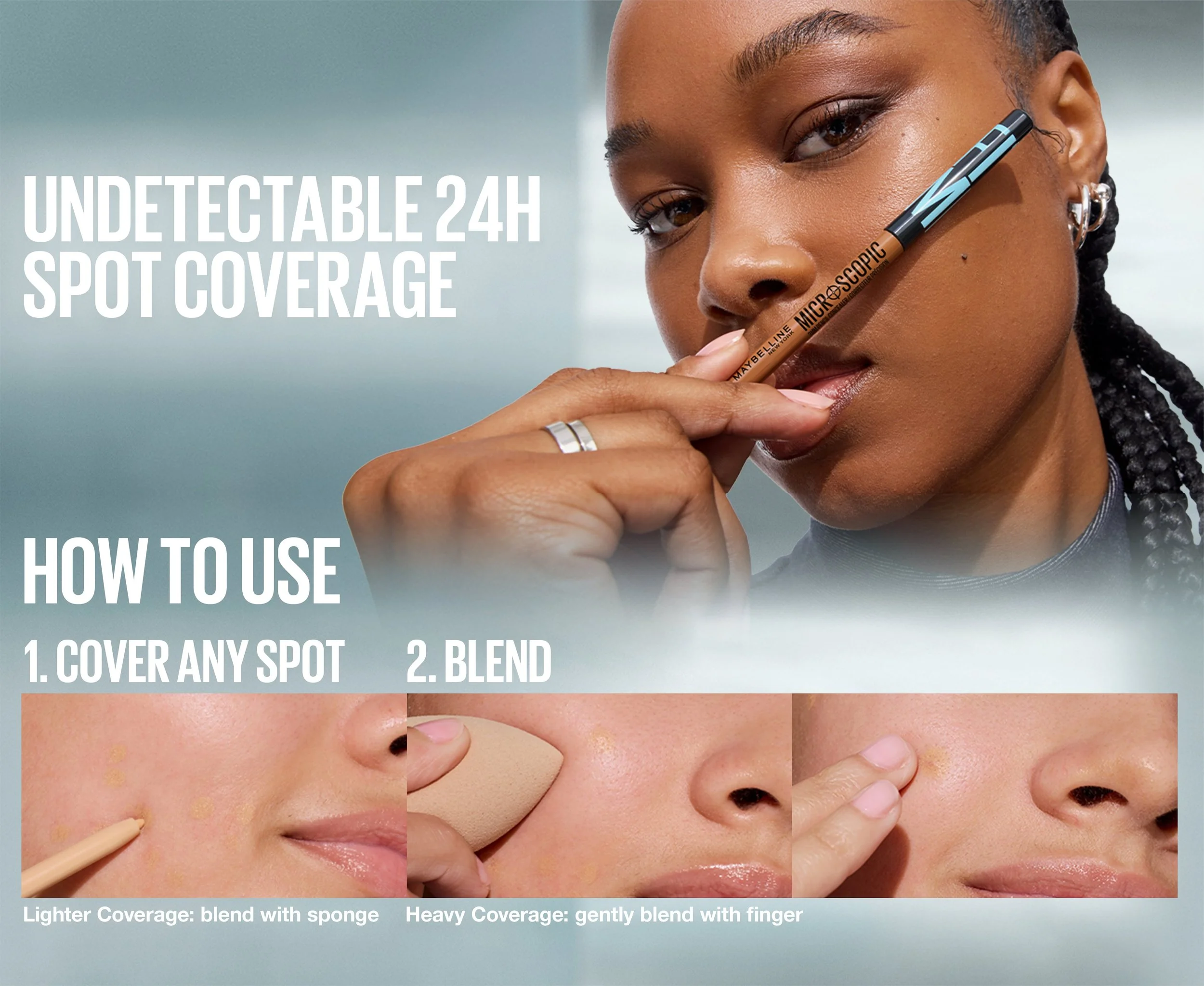 A woman holding a Maybelline microliner pen near her eye, with text overlay referencing undetectable 24h spot coverage, with a background of multiple close-up images of a person's face showing different skin tones and blemishes.