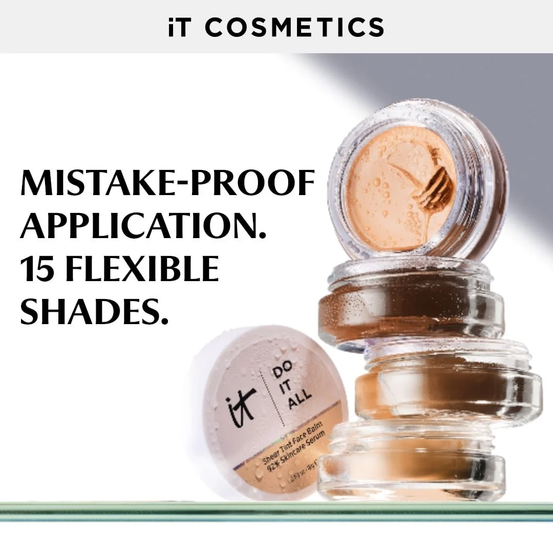 Image of several small jars of makeup product with the text 'IT COSMETICS MISTAKE-PROOF APPLICATION. 15 FLEXIBLE SHADES' and a compact labeled 'it DO IT ALL'.