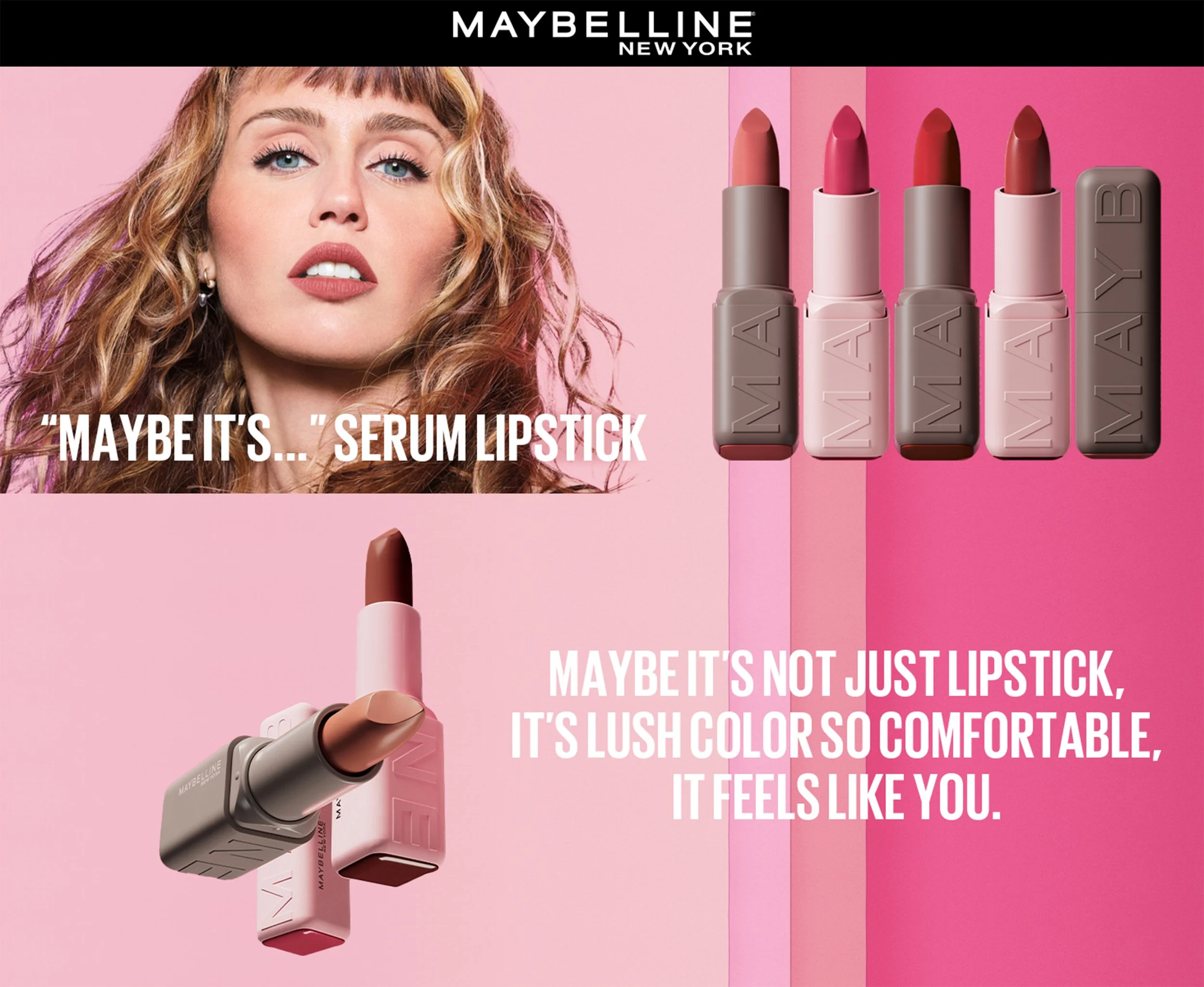 A Maybelline advertisement featuring a woman with curly blonde hair and blue eyes, looking at the camera, with four shades of lipstick displayed. The background is pink and the text promotes the lipstick as a luxurious, comfortable, and appealing color.
