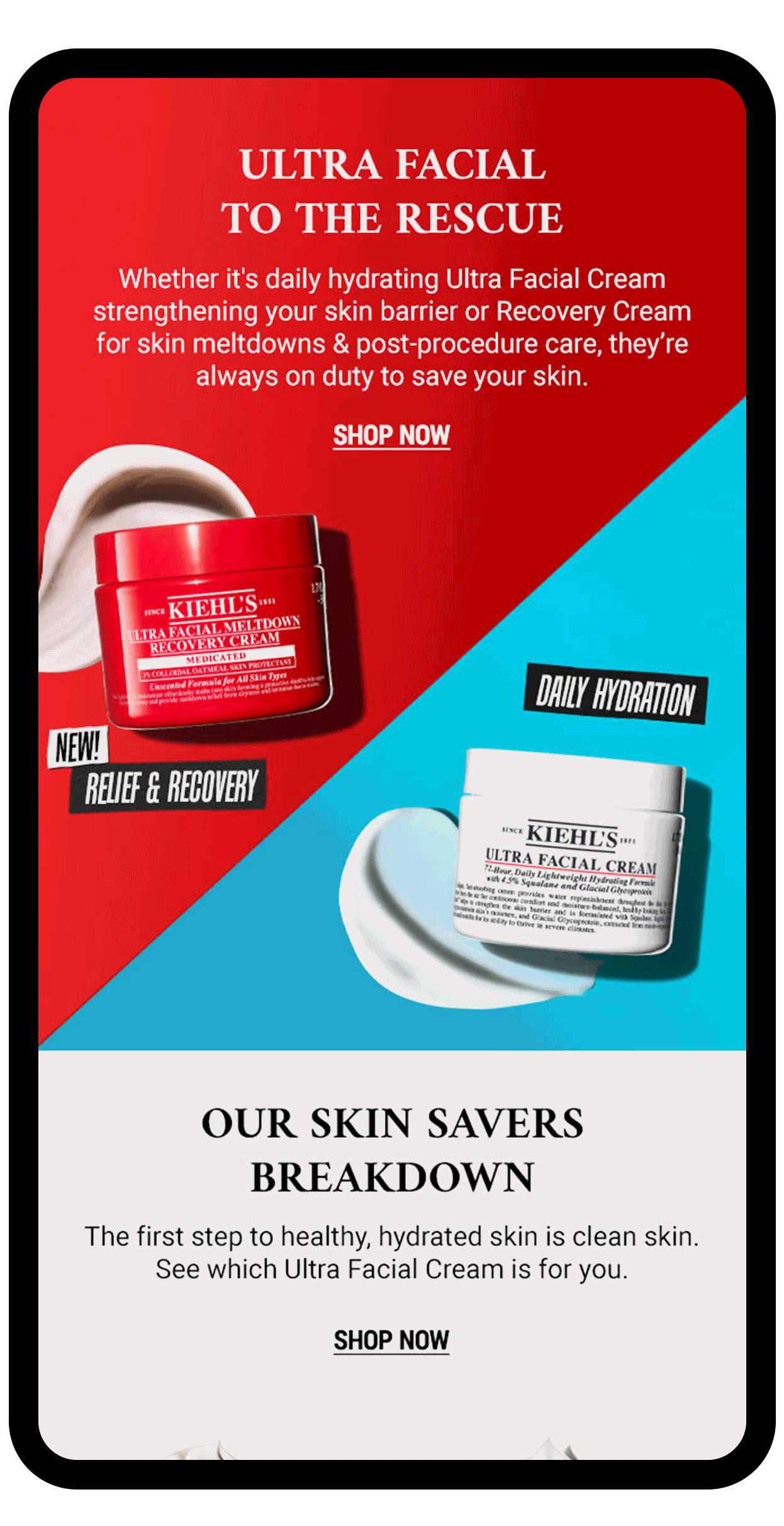 Kiehl's Ultra Facial Meltdown Recovery Cream animated mobile email campaign mockup, variant by Bolds Creative