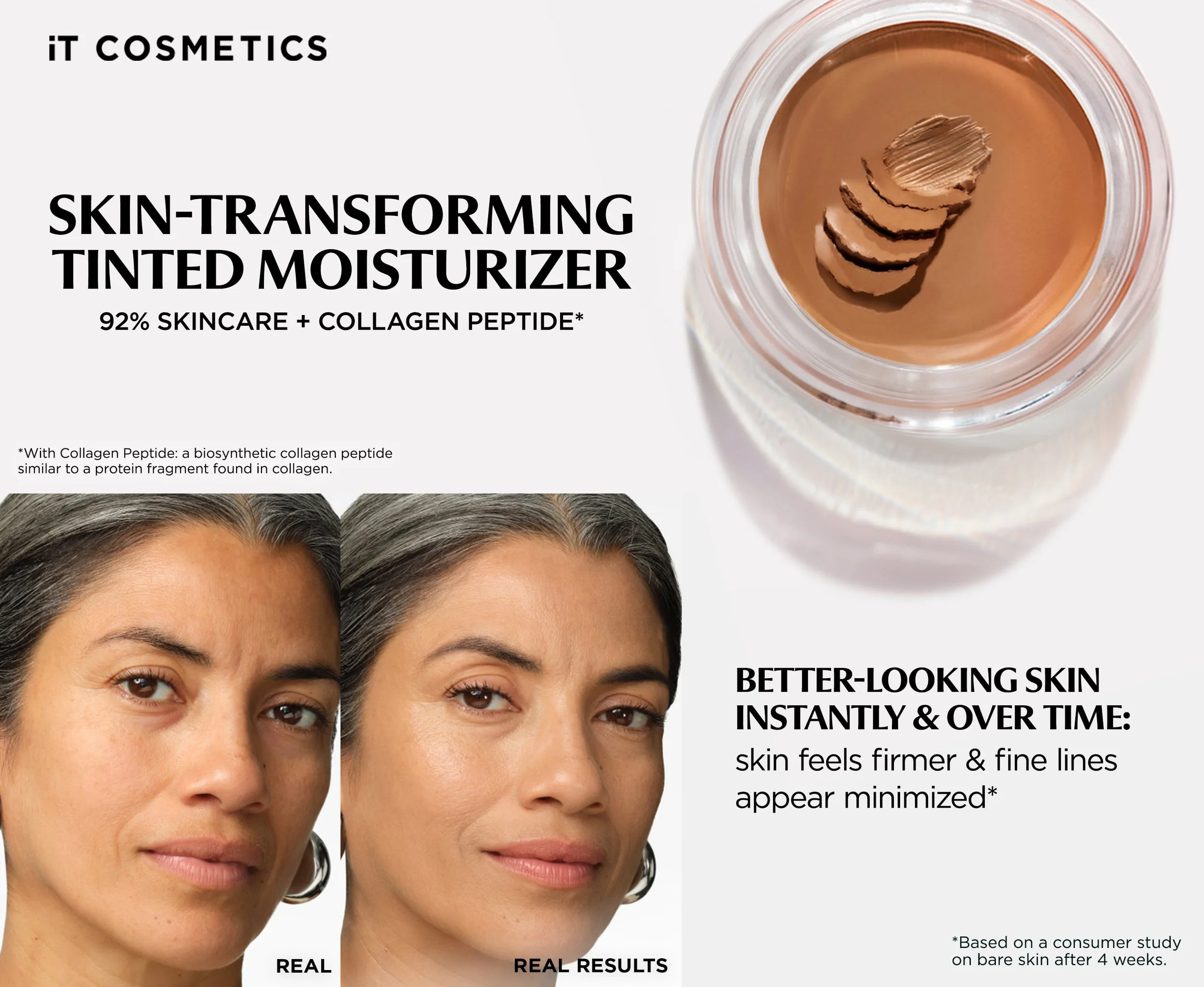 Comparison of before and after images of a woman's face showing improved skin appearance after using a tinted moisturizer. The image highlights better skin tone, fewer wrinkles, and minimized skin imperfections.