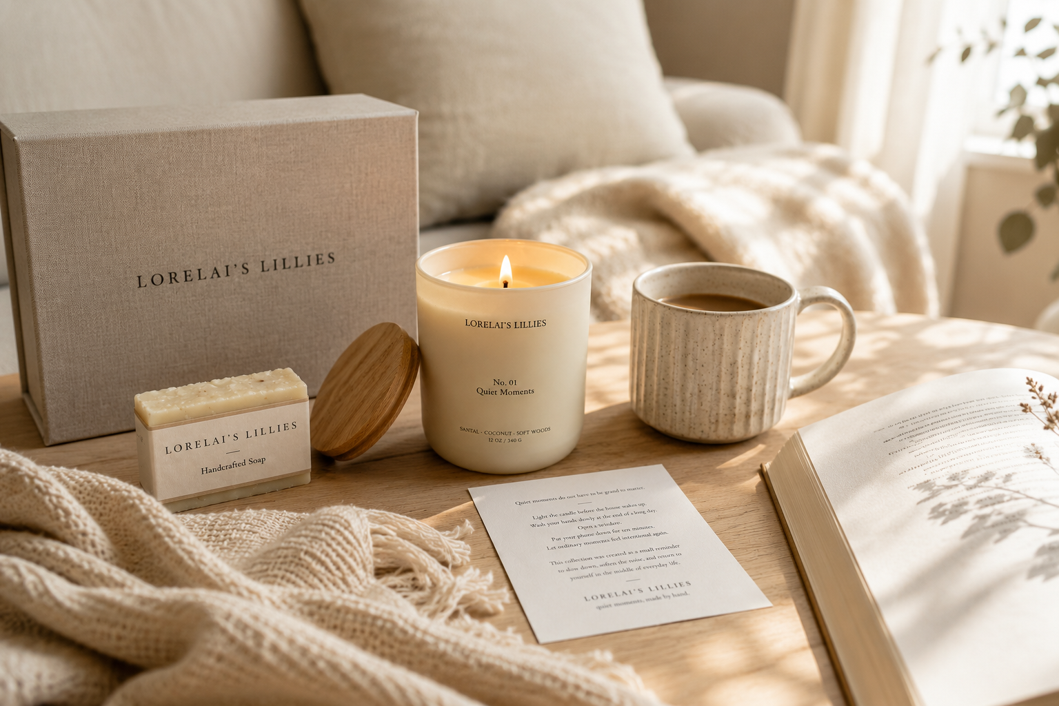 A cozy scene with a lit candle, a mug of coffee, handcrafted soap in packaging, an open book, and a decorative box on a wooden table in a softly lit room.