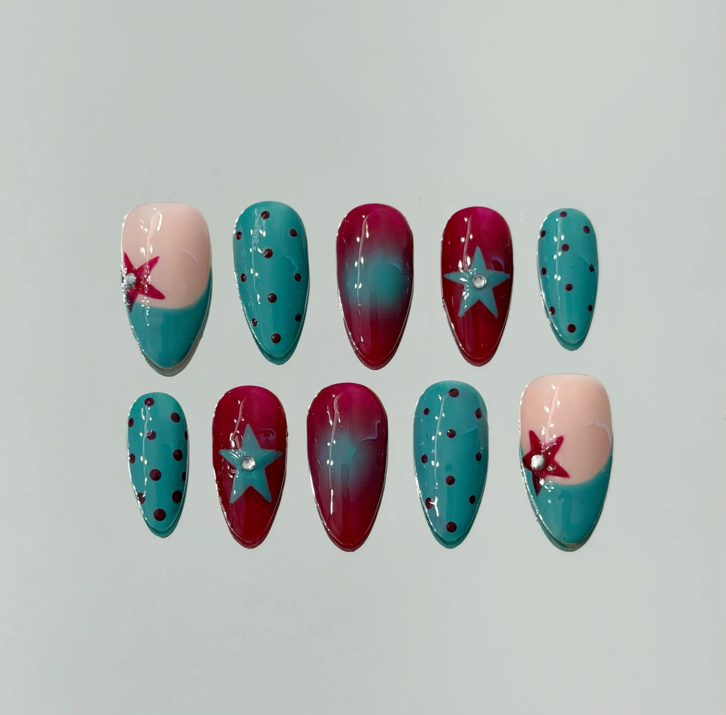 Berry and Mint Star Press on Nails