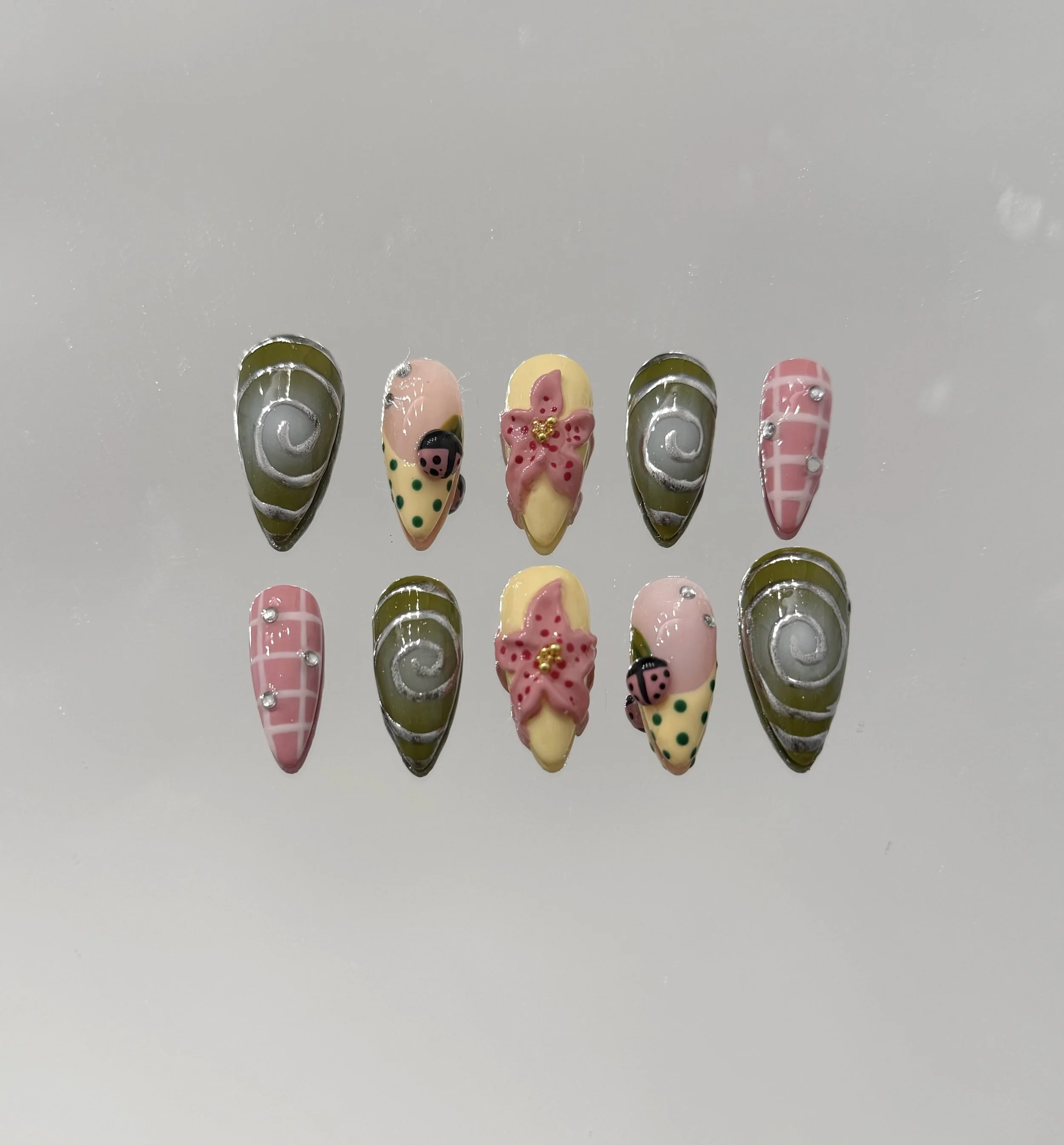 Green and Pink Ladybug Press on Nails