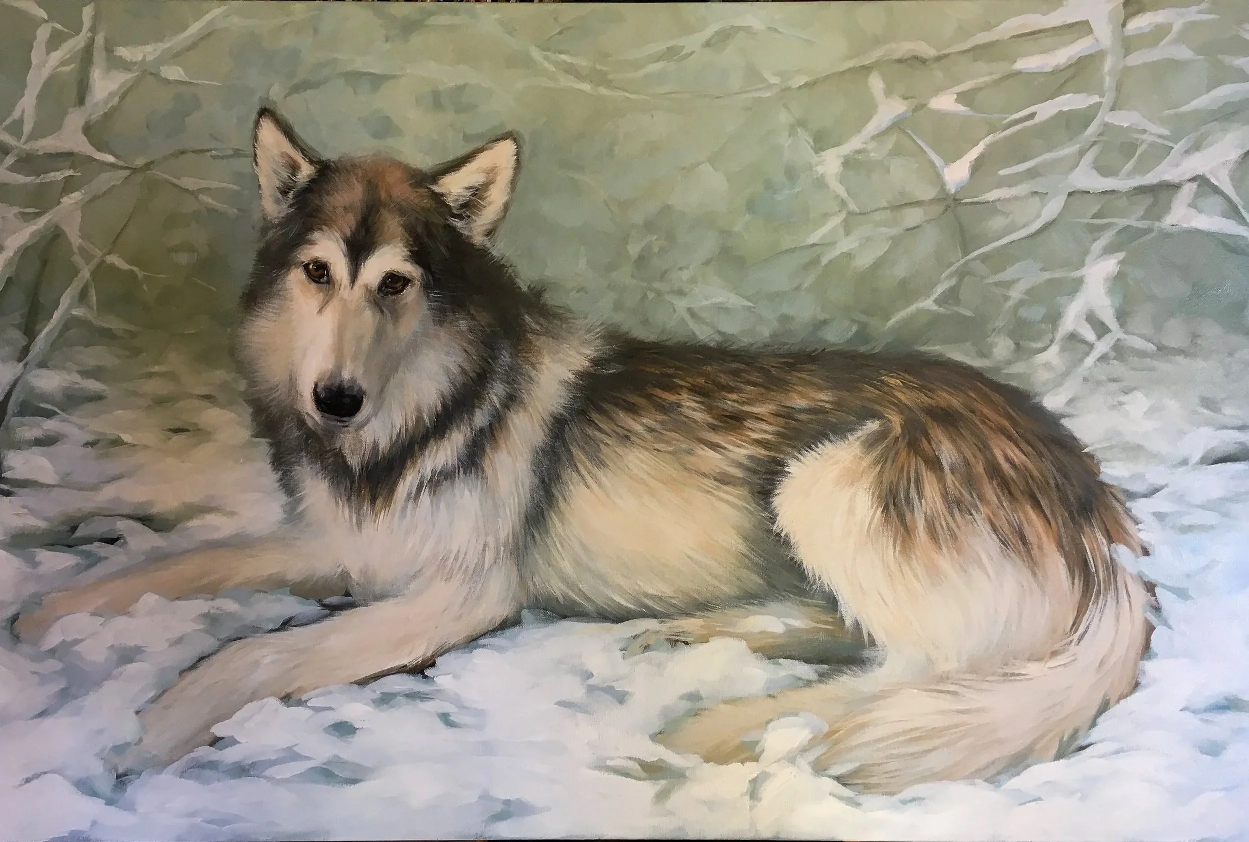 A painting of a Siberian Husky dog lying on snow with a forest of snow-covered trees in the background.