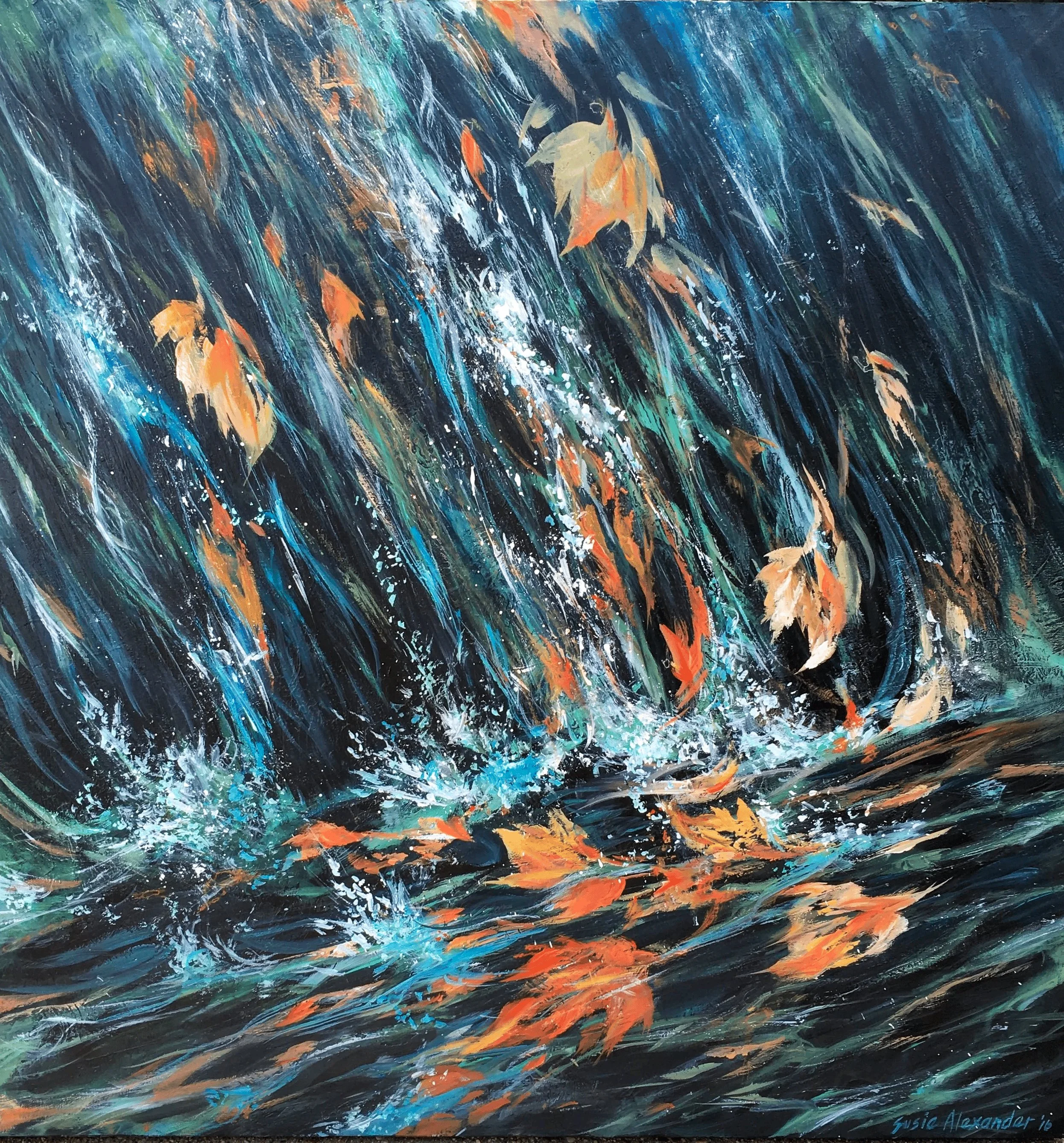 A painting of fall leaves swept in water with brushstrokes of blue, orange, green, and white colors, creating a dynamic, textured composition.