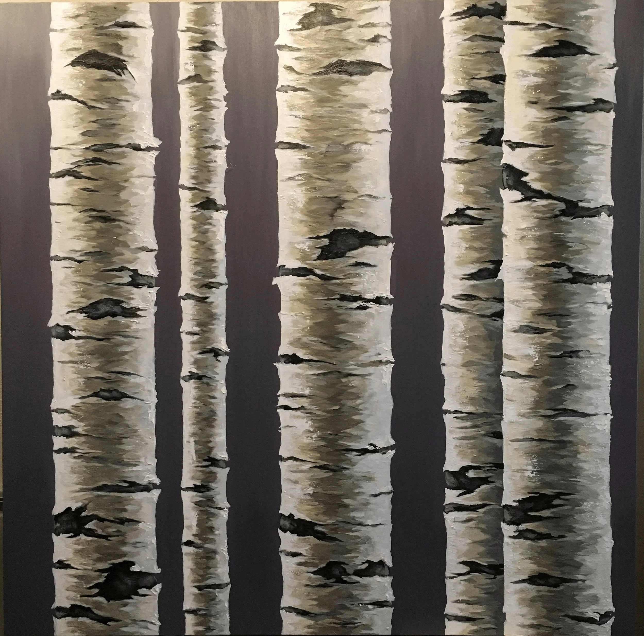 A painting of multiple birch trees with textured white bark and black markings, set against a dark background.