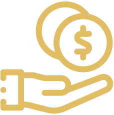 A hand holding two gold coins with dollar signs on them.