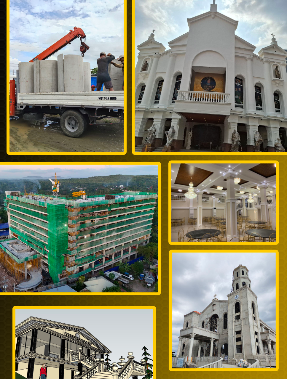 Collage of construction and completed buildings including a church, hotel, and other structures, with construction workers, cranes, and interior design elements.