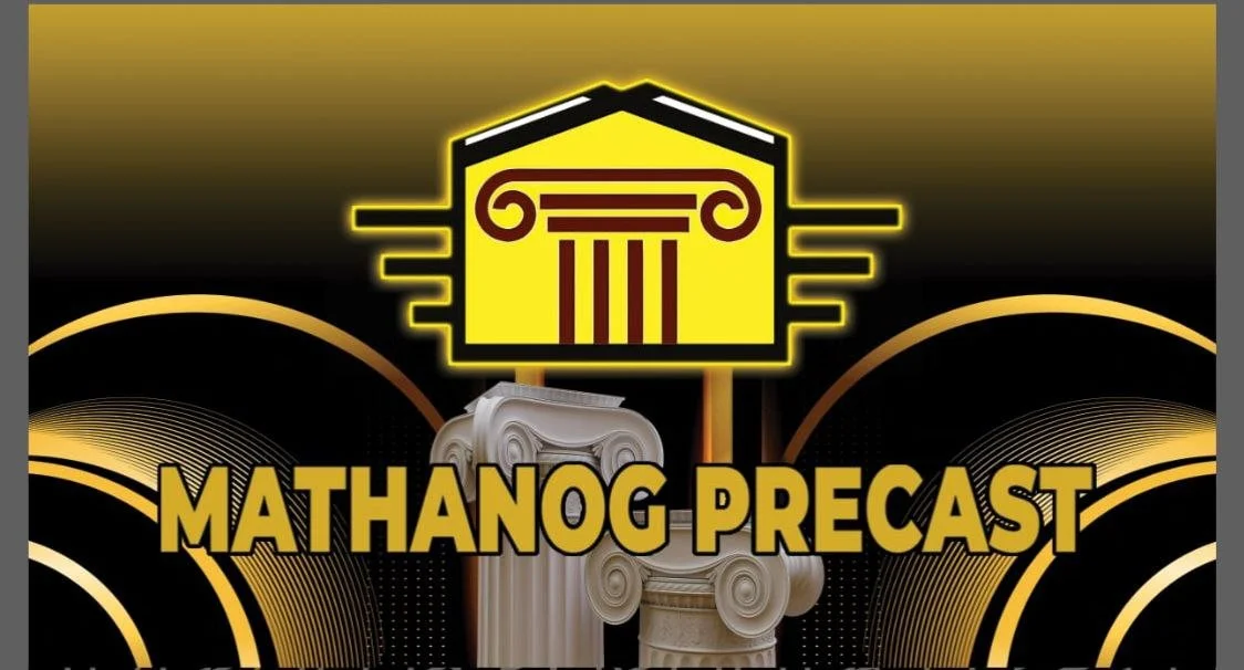 A digital graphic with a yellow and black background featuring the words "Mathanog Precast" and an illustration of a classical Greek column and a stylized architectural house icon.