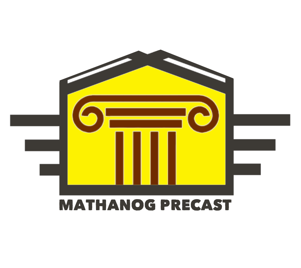 Logo of a yellow Greek temple with brown columns and scrolls, with "Mathanog Precast" written below.