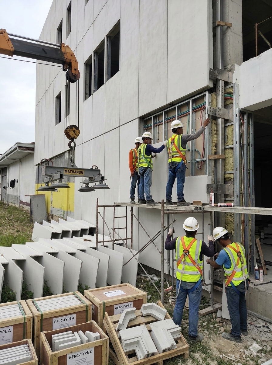 Construction workers wearing safety vests and helmets working on the exterior of a building under construction, with scaffolding and building materials visible.