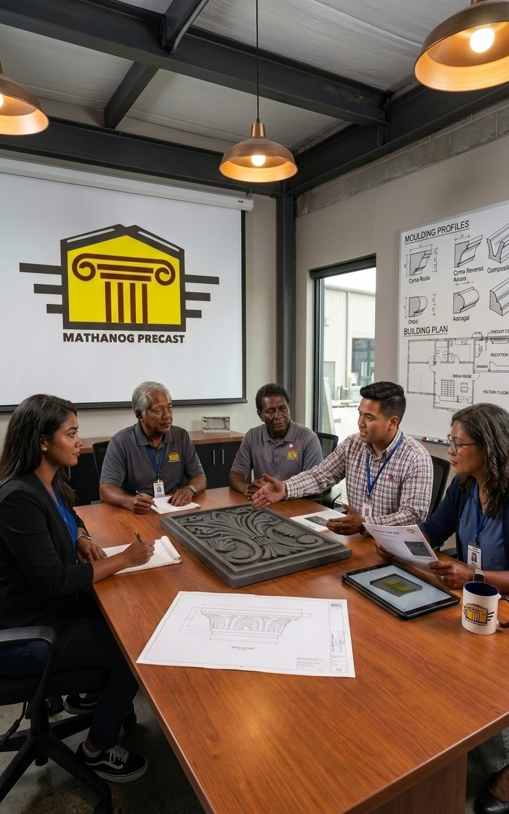 A group of five professionals in a meeting room with architectural plans and drawings on the table, discussing building project details, with a large projector screen displaying a logo and the words 'MATHANOG PRECAST' in the background.