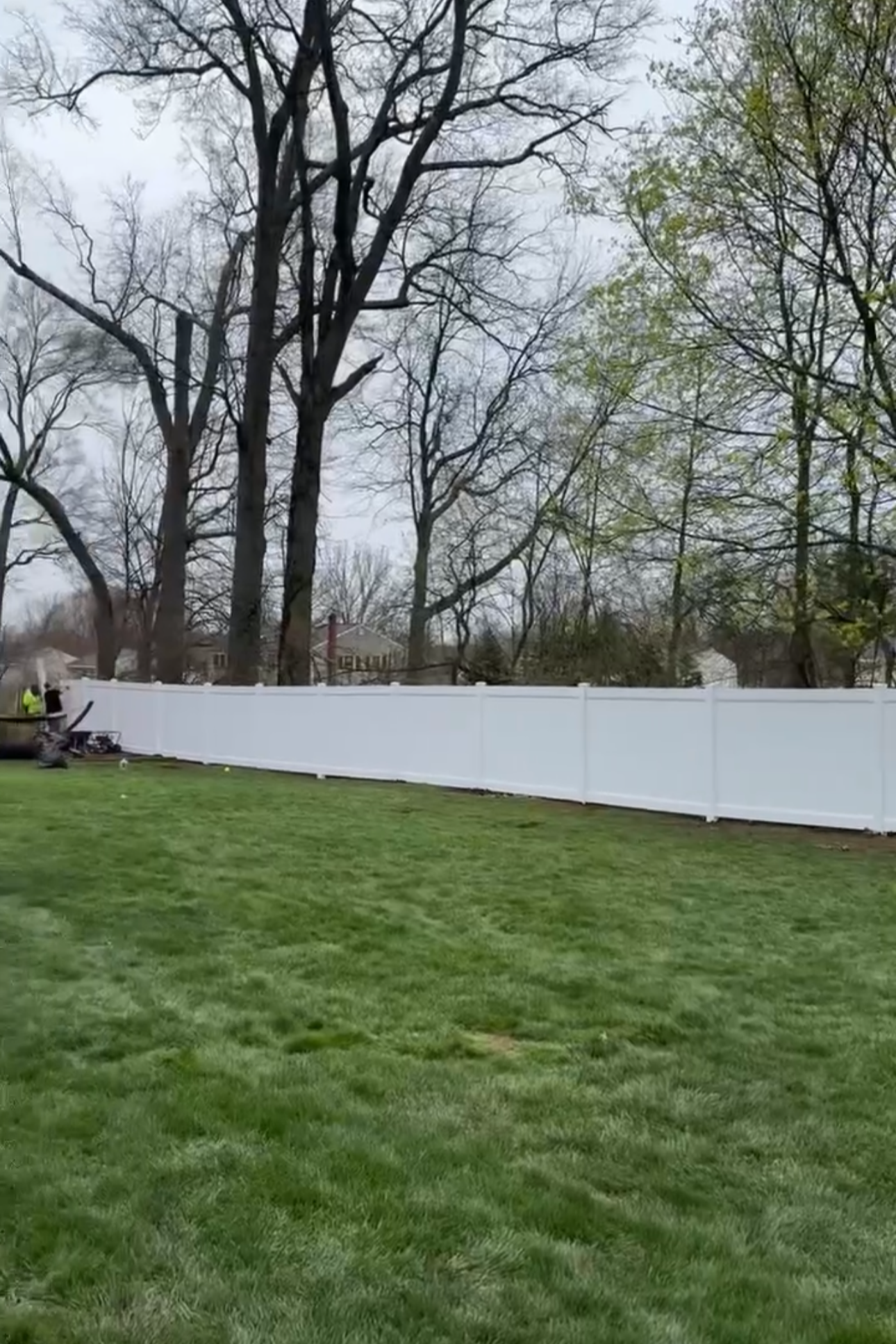 A backyard with a well-maintained green lawn, a white privacy fence, and large leafless trees in the background overcast sky.