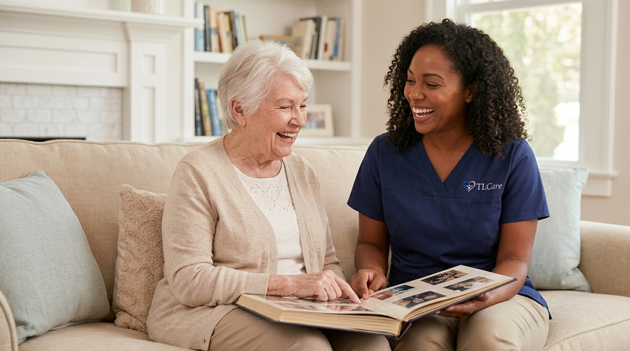 A caregiver and an elderly woman laughing together while looking at a photo album in a cozy living room.