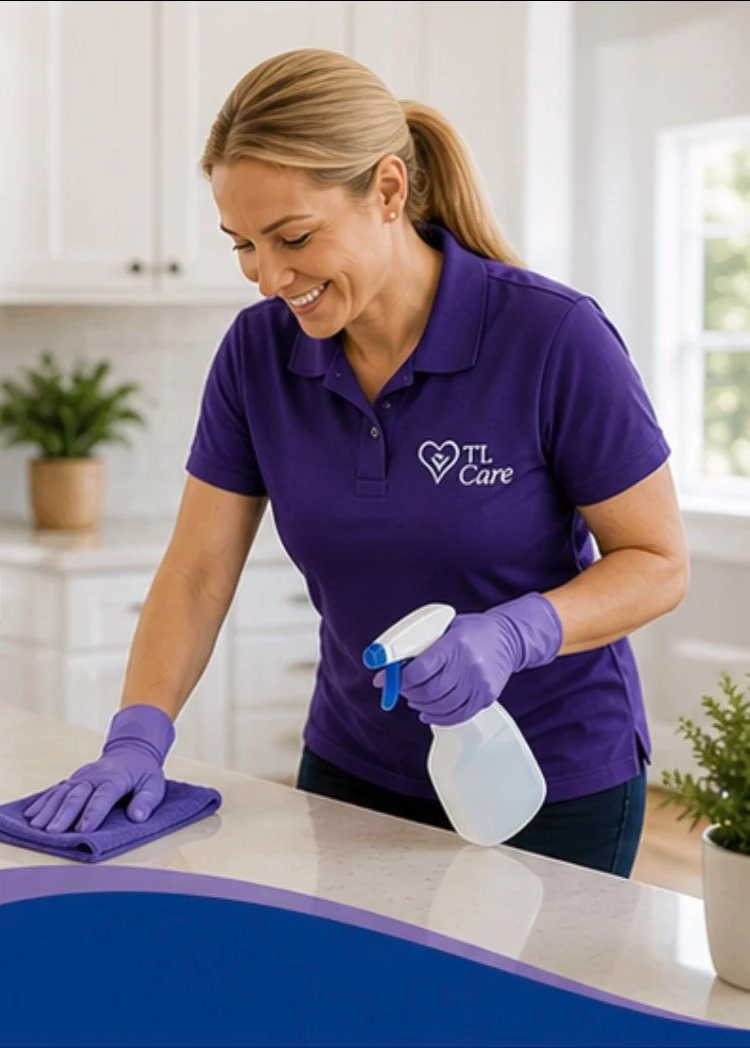 A smiling woman in a purple polo shirt and purple gloves cleaning a kitchen counter with a spray bottle and cloth.