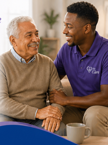 A caregiver smiling and talking with an elderly man sitting on a couch, with a coffee mug on a table nearby.