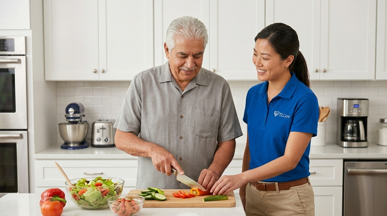 An elderly man and a young woman are in a kitchen, preparing a salad together. The man is slicing a red bell pepper while the woman assists. There is a bowl of salad, tomatoes, and cucumbers on the counter.