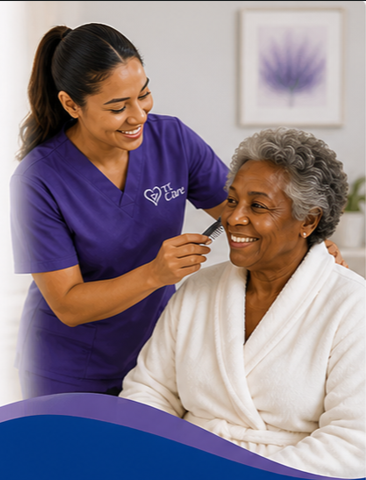 A healthcare worker in purple scrubs is using an electric toothbrush to clean an elderly woman's teeth in a dental office.