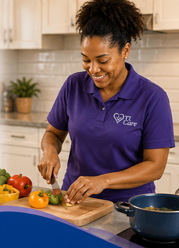 Woman chopping vegetables in a kitchen, wearing a purple polo shirt with a logo that reads 'TL Care'.