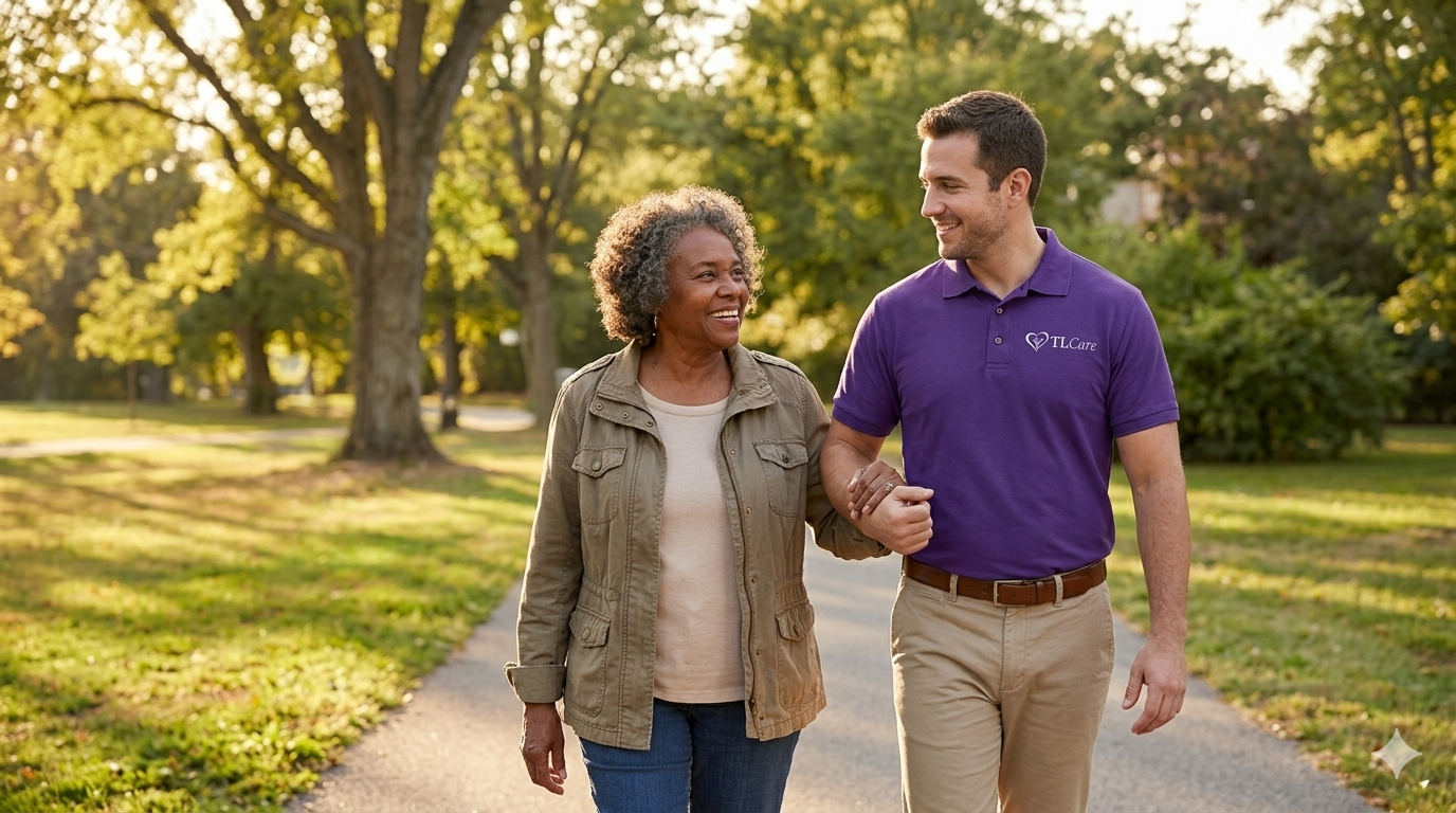 A young man and an older woman walking arm-in-arm in a park during the daytime, smiling at each other on a sunny day with green trees in the background.