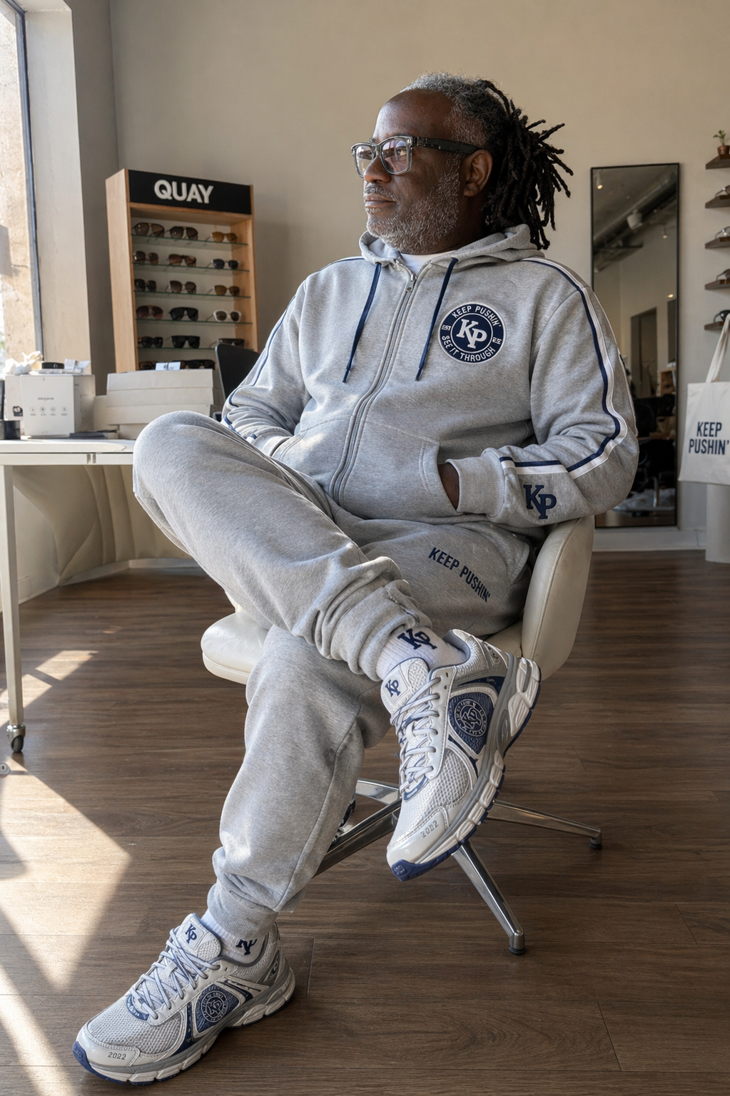 An older man with gray hair and glasses sitting cross-legged wearing a matching light gray athletic tracksuit and sneakers with blue and white accents. The tracksuit and sneakers have the initials 'KP' and the words 'Keep Pushin''. The man is in a store with sunglasses display and a mirror in the background.