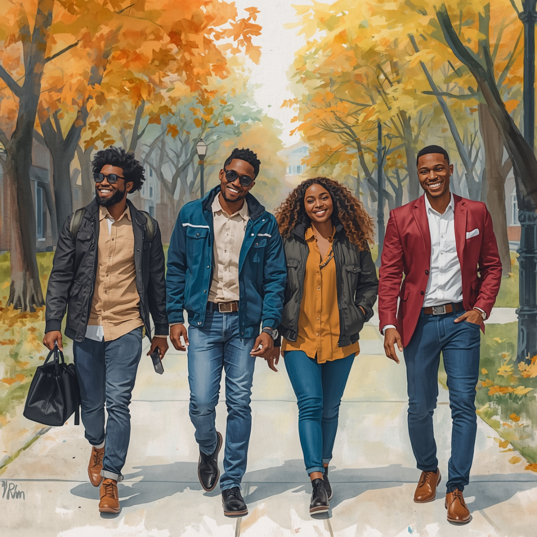 Four happy people walking outdoors on a fall day with colorful autumn trees in the background.