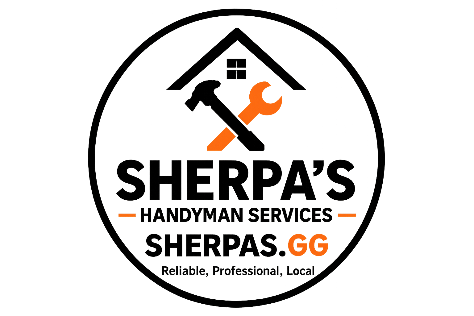 Logo for Sherpa's Handyman Services featuring a wrench and hammer crossed inside a house outline with orange accents and the text 'Sherpa's GG'.