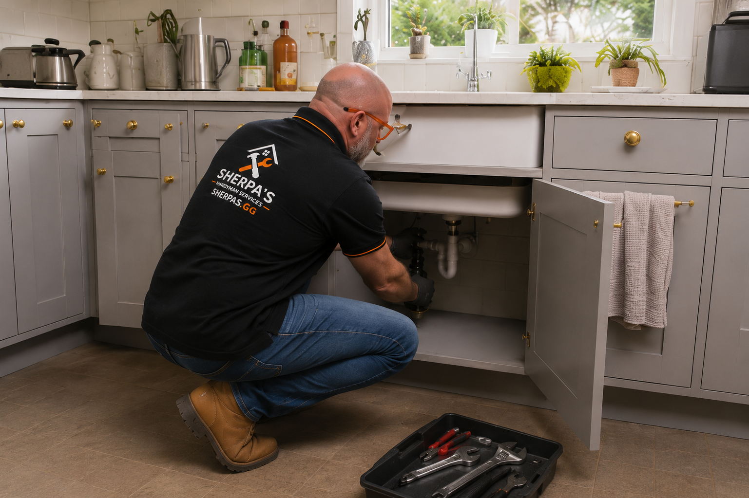 A guernsey handyman working under a kitchen sink, fixing plumbing pipes. He is wearing a black shirt with logos, jeans, work boots, and gloves. There are tools in a tray on the floor nearby and plants on the windowsill.
