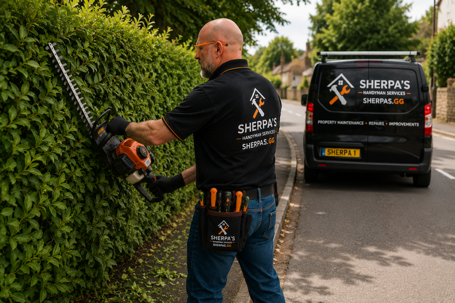 A guernsey handyman trimming a hedge with electric shears on a residential street, with a Sherpas handyman services van parked nearby.