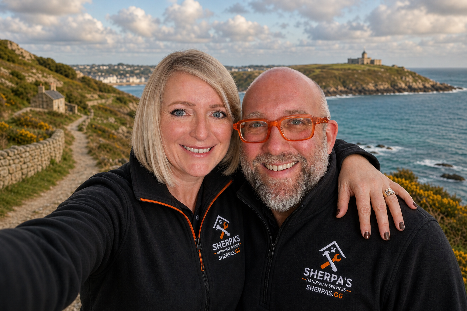 A smiling man and woman taking a selfie outdoors near the coast with hills, houses, and a castle in the background.