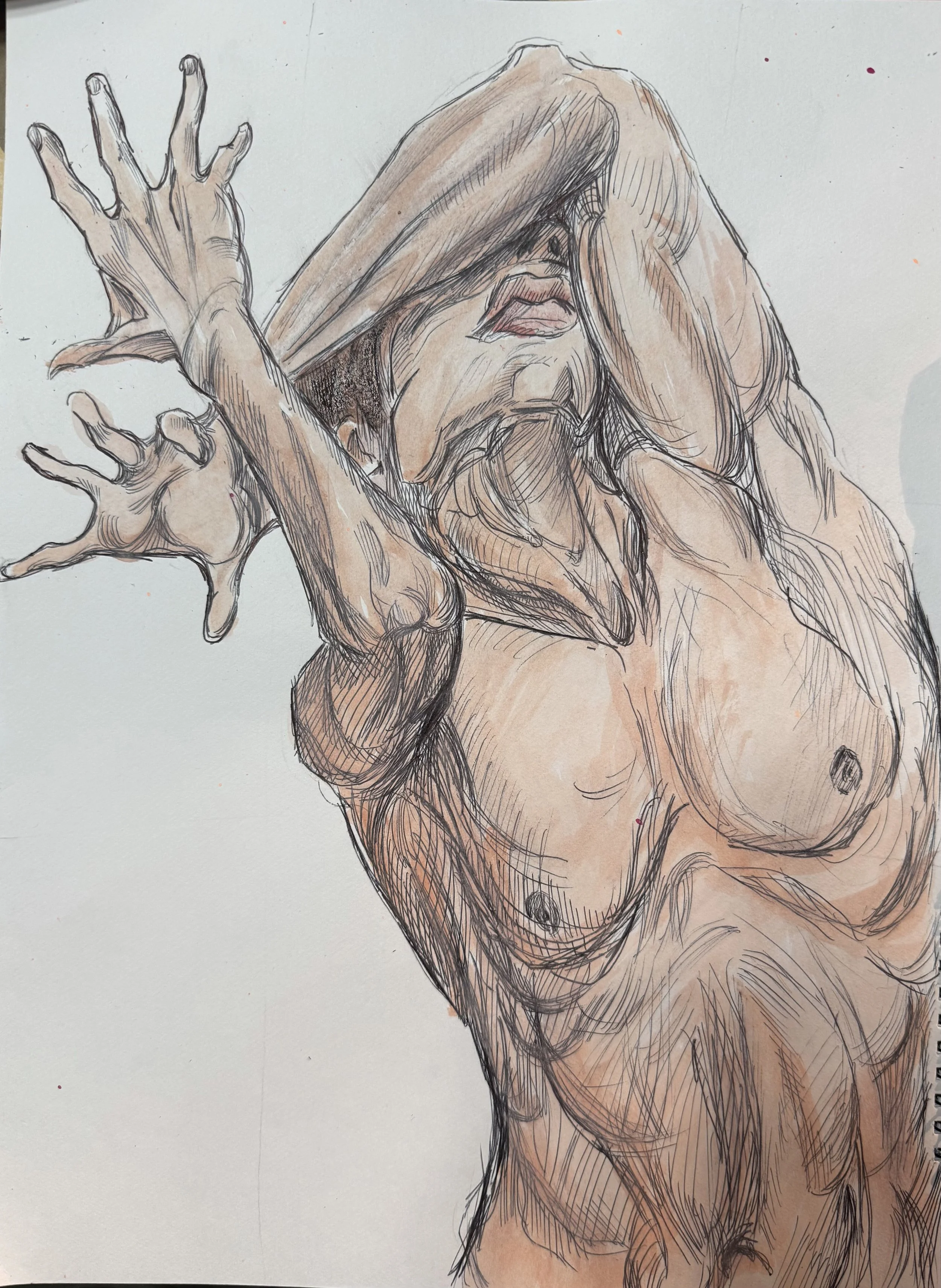 A detailed sketch of a nude woman with long hair, covering her face with her hand and an arm. The drawing uses black ink outlines and brown shading to emphasize her figure and facial features.