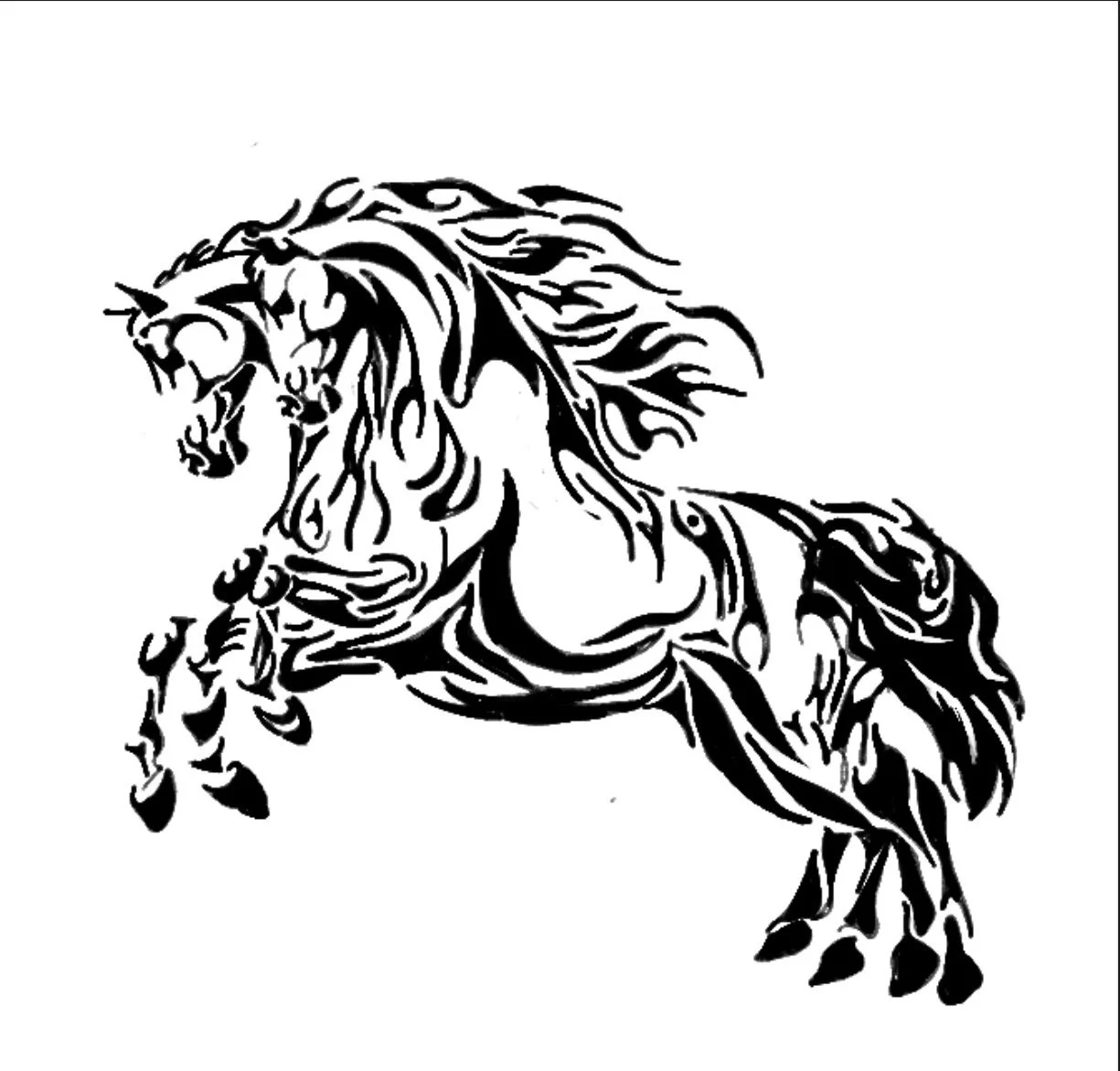 Black and white tribal-style illustration of a rearing horse with flowing mane and tail.