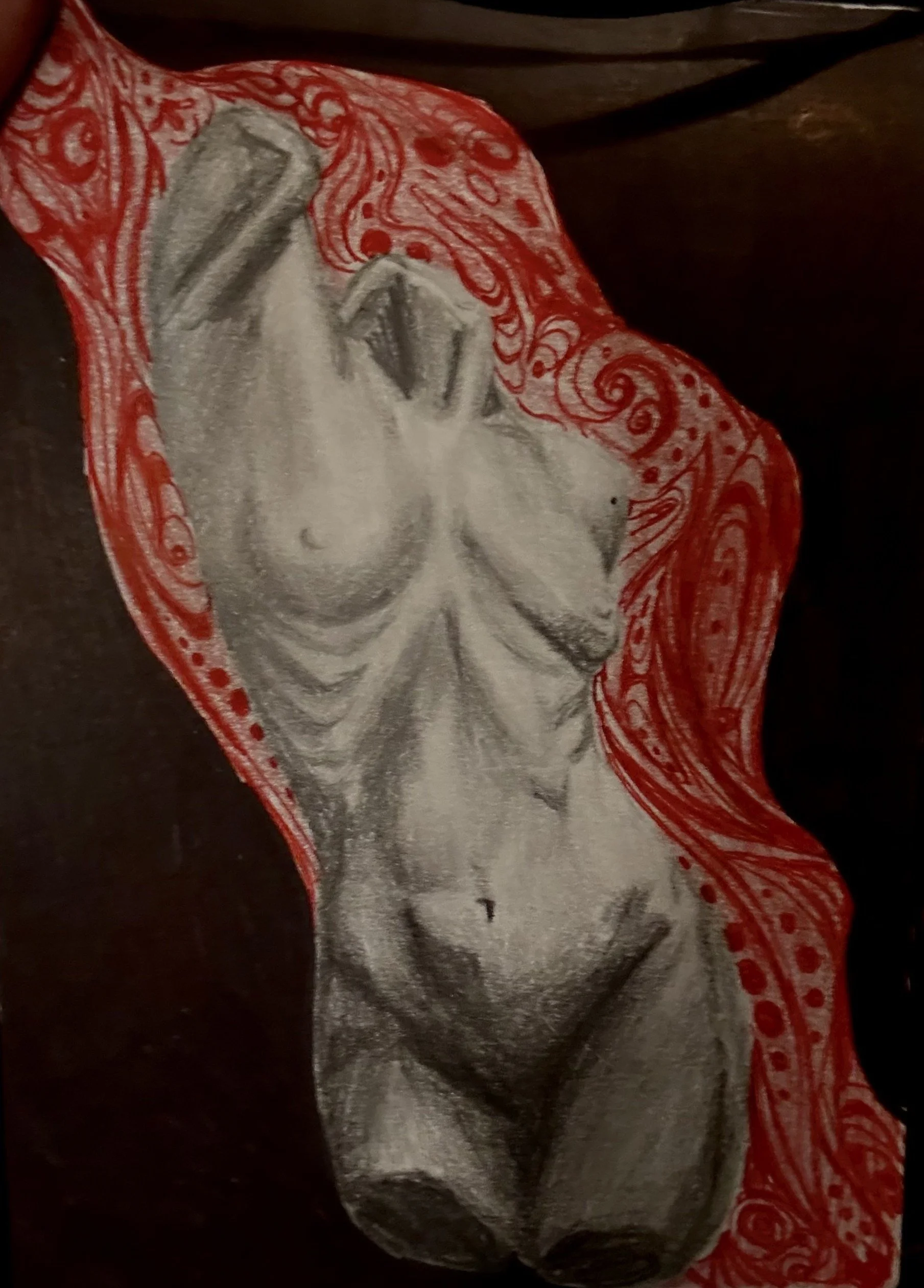 A sketch of a nude woman with red decorative patterns around her head and arms.