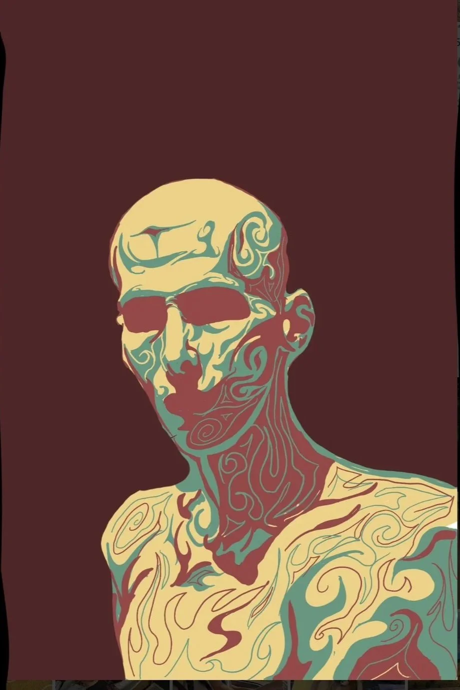 Stylized digital illustration of a person with tattoos, sunglasses, and a shaved head against a dark background.