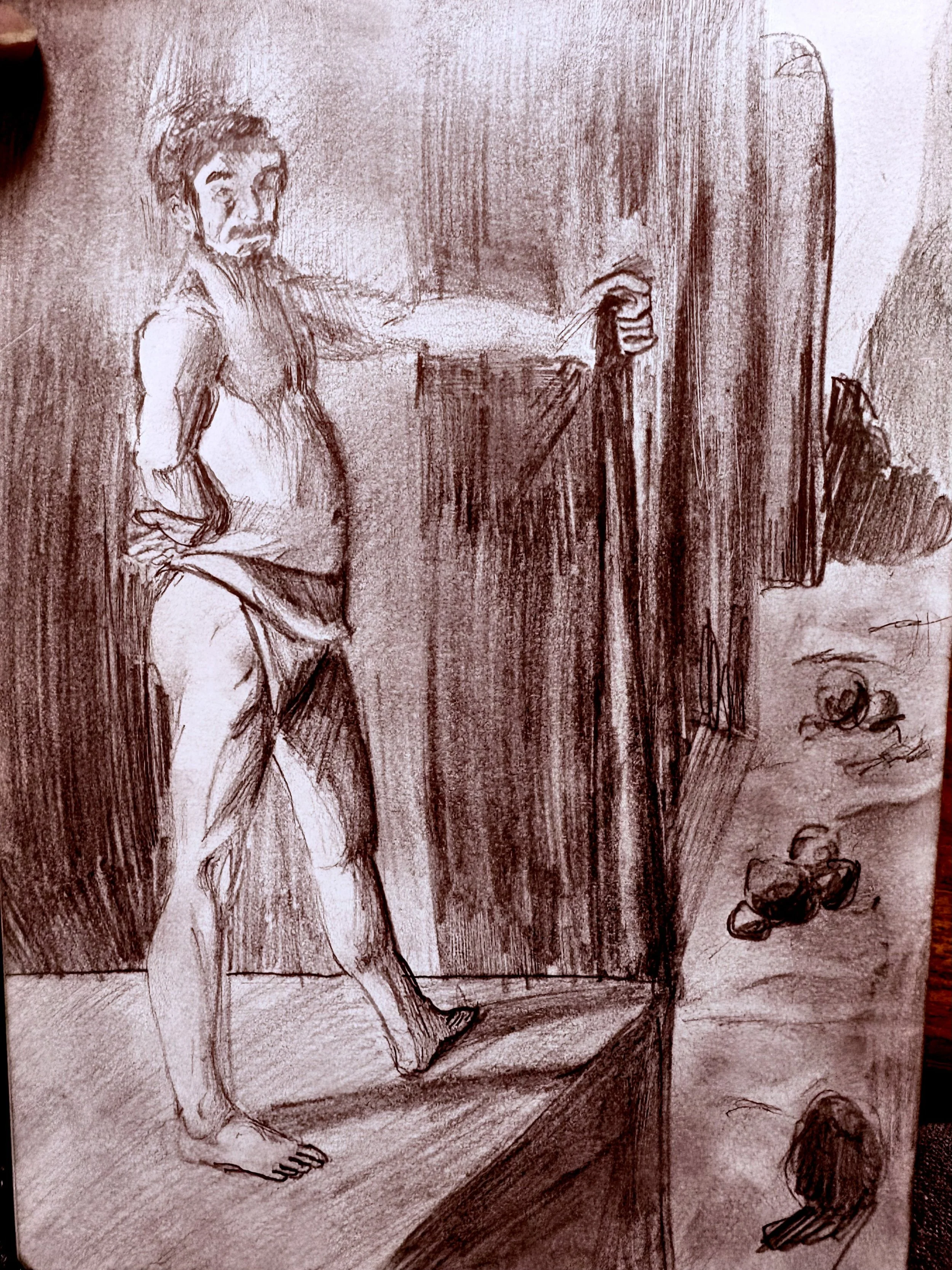 A sketch of a woman sitting on a bench with a dog sitting nearby, in front of a curtain or backdrop.