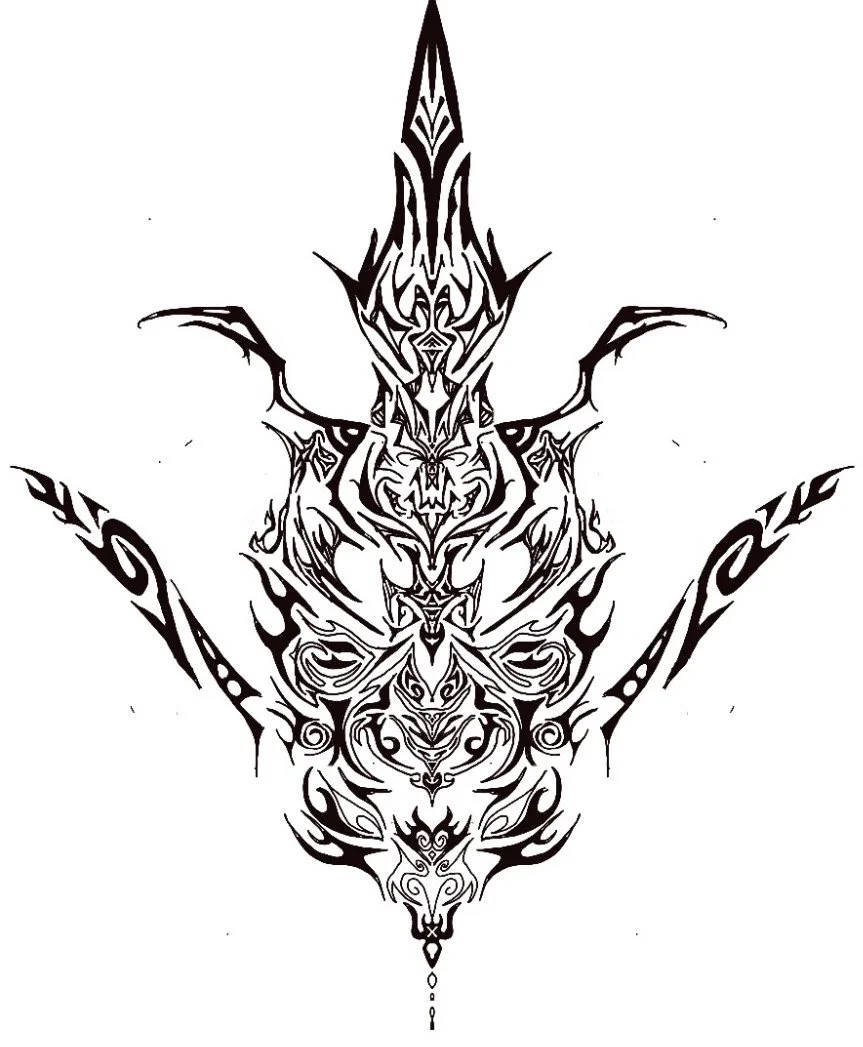 Intricate black tribal-style tattoo design of a symmetrical creature with a prominent central face, pointed ears or horns, and elongated limbs, set against a white background.