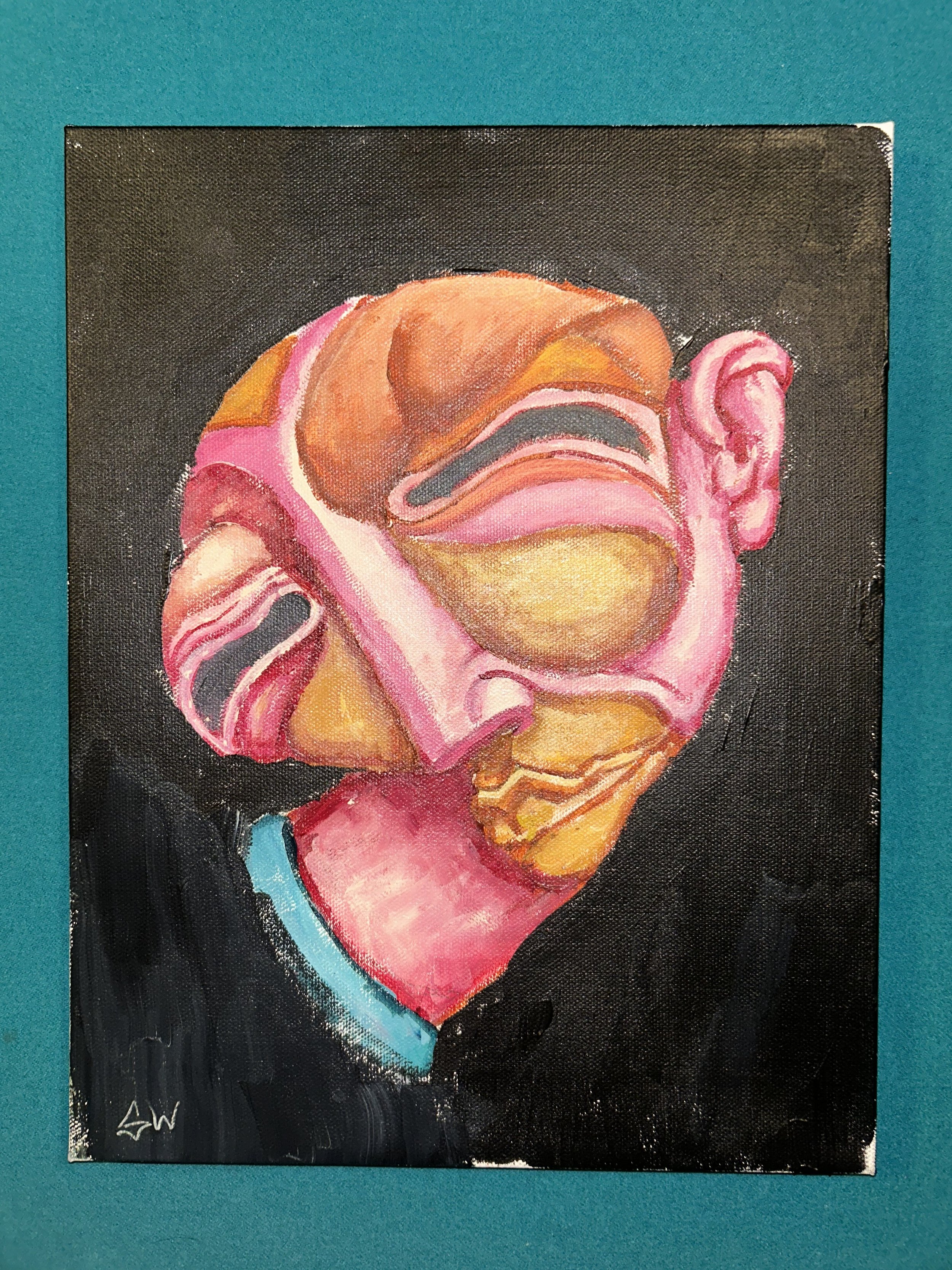 Painting of a person with exaggerated facial features, including a large open-mouthed smile, curly hair, and depicted in bright colors, signed with initials 'A W' on the bottom left corner.