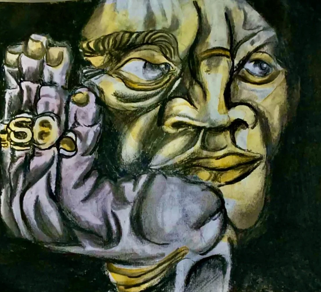 A painting of a person with a large head and exaggerated facial features. The person is holding a gold ring with dollar signs, and has blue eyes and prominent lips, with a dark background.