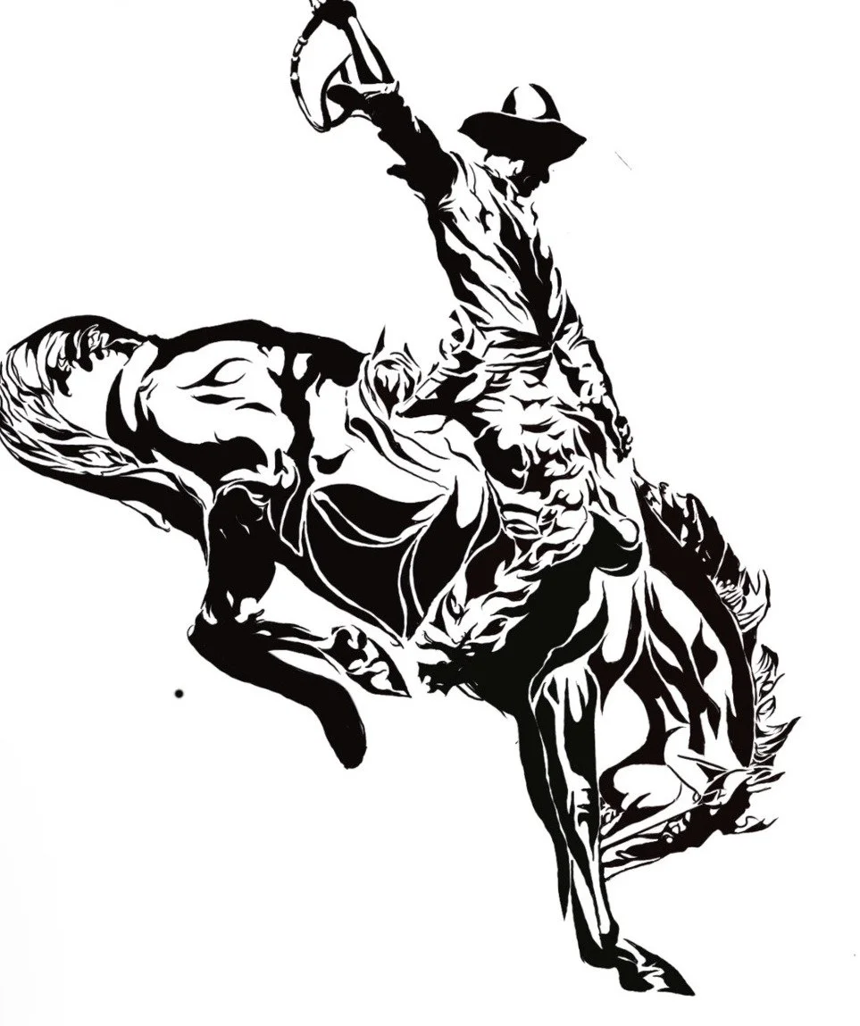 Black and white silhouette of a cowboy riding a bucking horse, holding a lasso in one hand and the reins in the other.