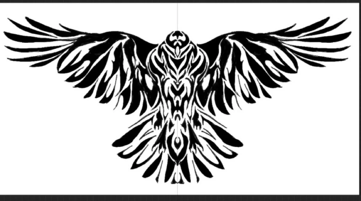 A black and white tribal-style illustration of an owl with wings spread wide.