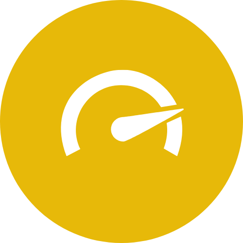 A yellow circular background with a white speedometer icon in the center, indicating high speed or performance.