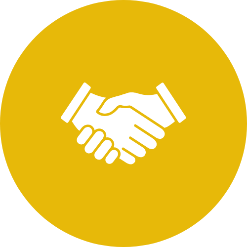 White handshake icon on a gold circular background.